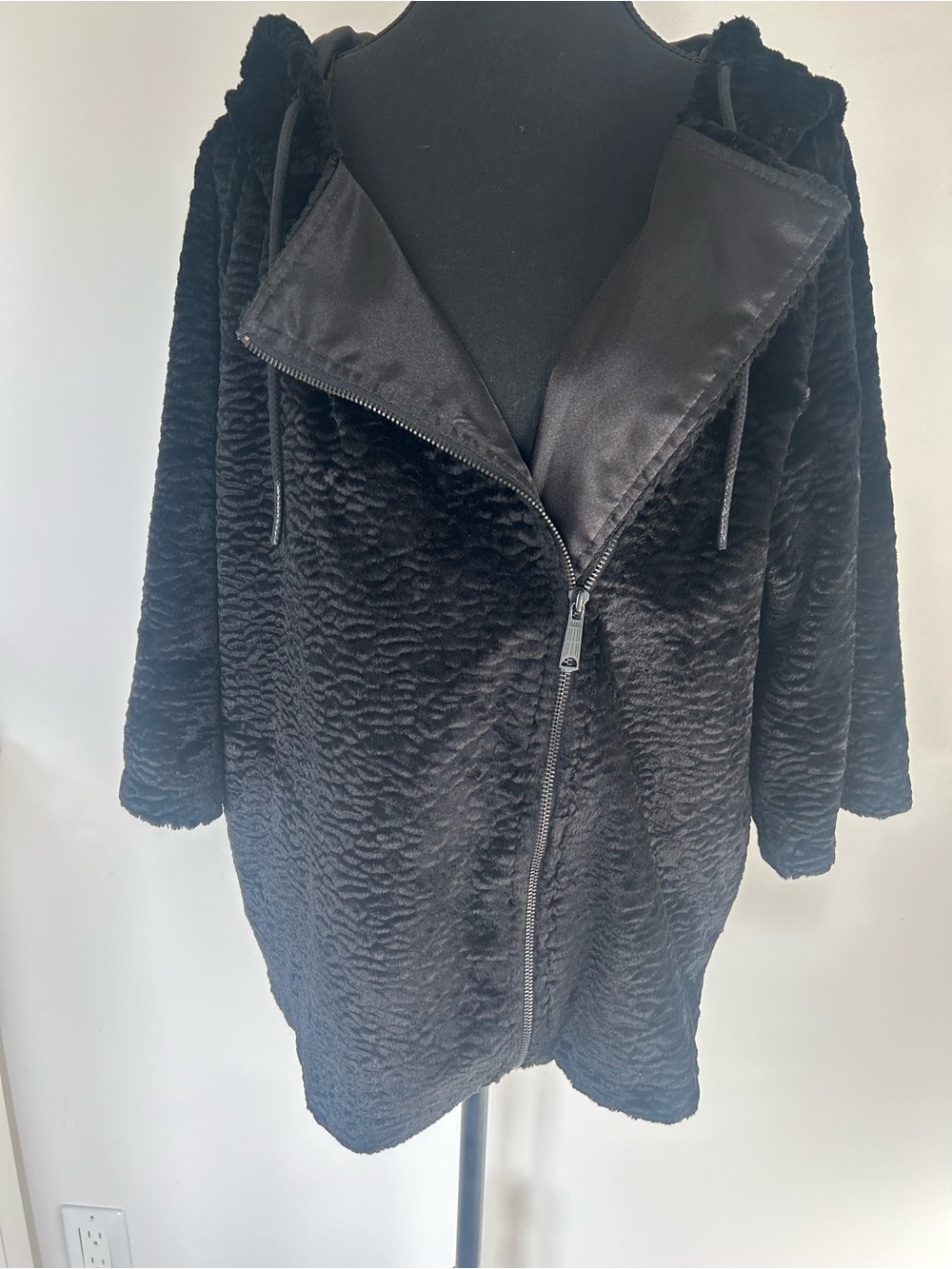 Diesel Black Sleek Velvety Hooded Asymmetrical Zip Jacket Cropped Sleeves